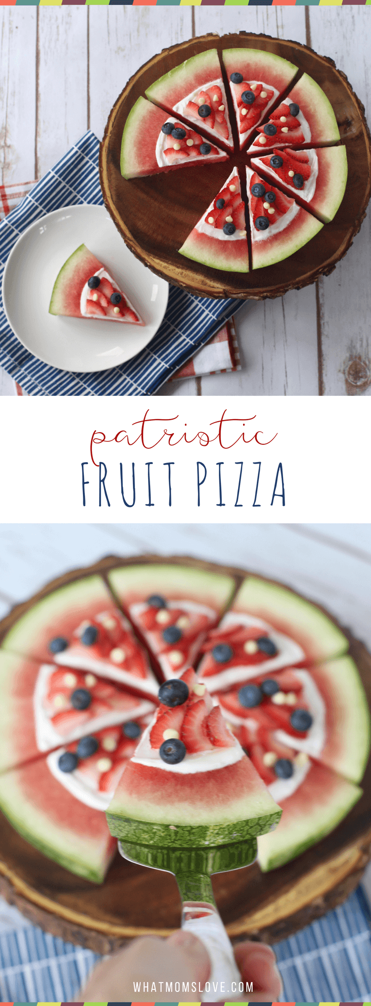 Healthy 4th of July dessert recipe. Red, white and blue watermelon fruit pizza.