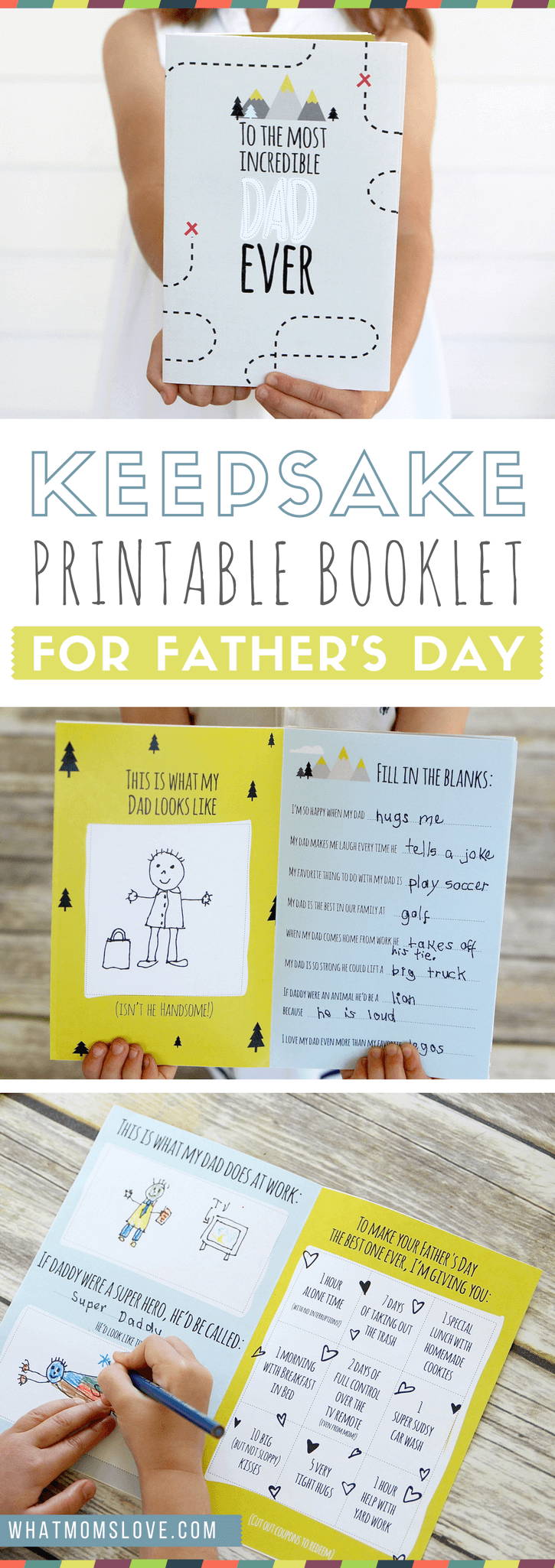 Free Printable Fathers Day Card | All About Dad or Grandpa Book for kids to make - includes fun questionnaire, coupons for dad, and space to draw and color. The perfect DIY homemade card - super easy!