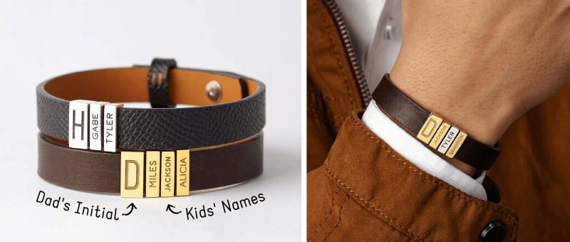 leather bracelet with kids names engraved for dad