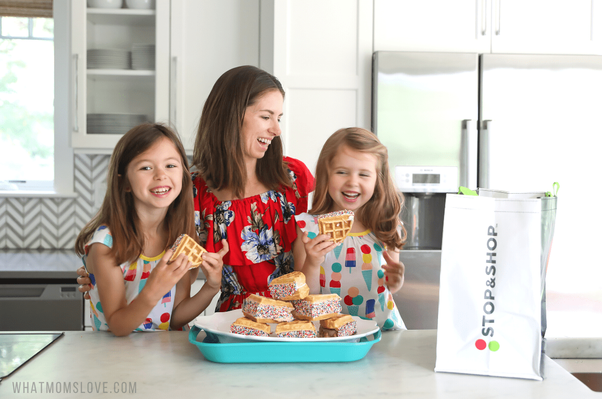 Mom and kids in kitchen with plate of waffle ice cream sandwiches