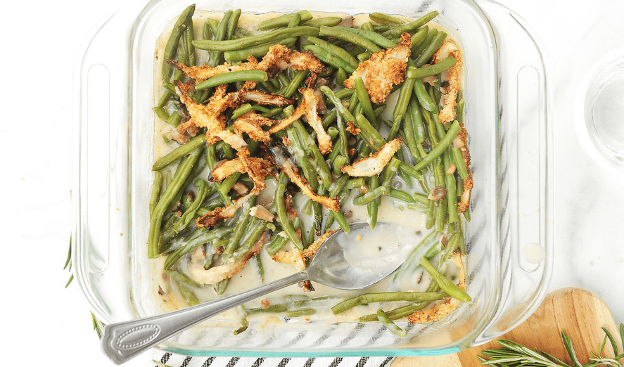 Green Bean Casserole with spoon in dish