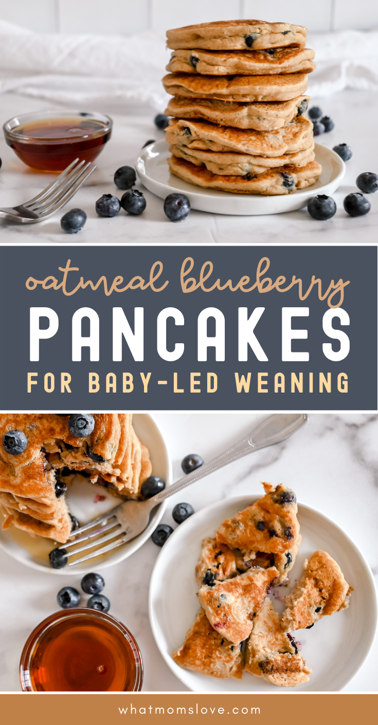Healthy Blueberry Oatmeal Pancakes Recipe. Vegan, egg-free and a great starter food for baby's first solids with baby-led weaning.